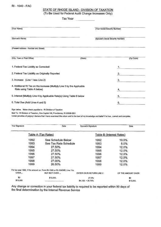 Form Ri-1040-Fac - Tax Year Form Printable pdf