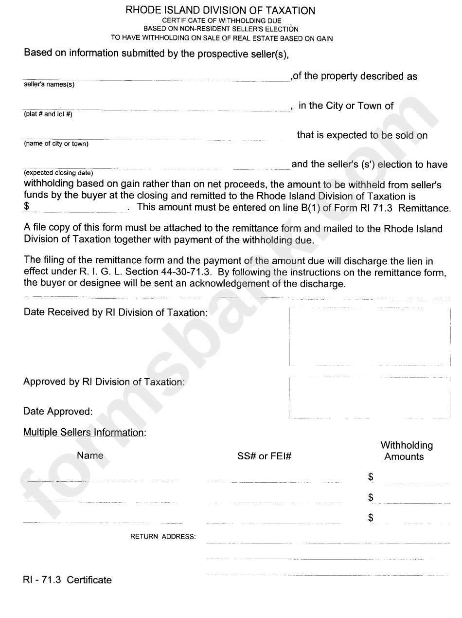 Form For A Certificate Of Withholding Due Based On Non-Resident Seller
