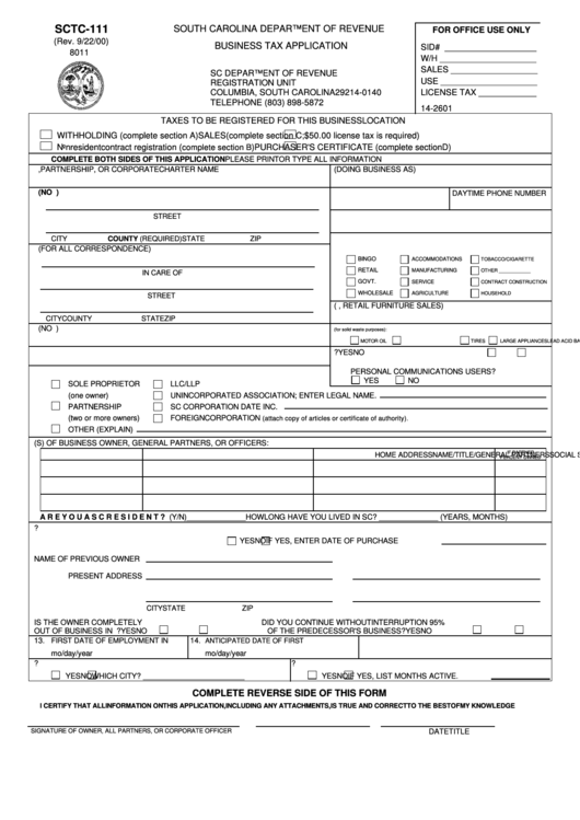 Form Sctc-111 - Business Tax Application - 2000 Printable pdf