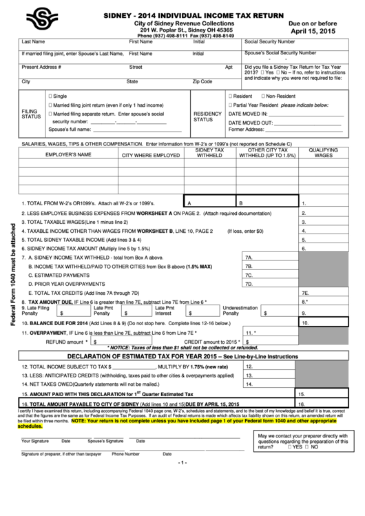 Individual Income Tax Return - City Of Sidney - 2014 Printable pdf