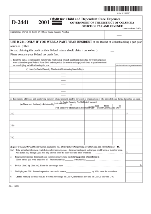 Form D-2441 - Credit For Child And Dependent Care Expenses - 2001 Printable pdf