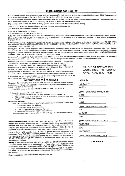 Form H941/501 - Instructions For Hamtramck Tax Withheld Printable pdf