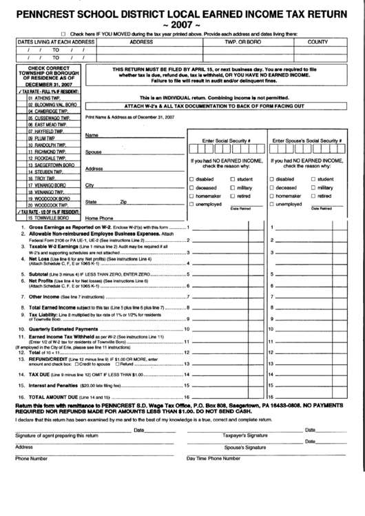 Local Earned Income Tax Retur Form - 2007 - Penncrest School Distric Printable pdf