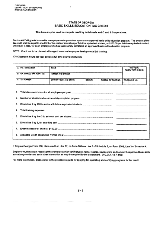 Fillable Form It-Be - Basic Skills Education Tax Credit Printable pdf