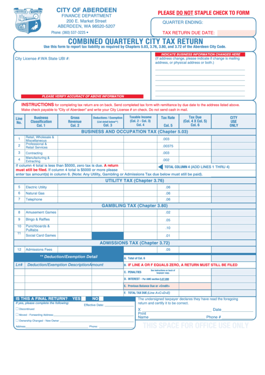 Combined Quarterly City Tax Return Form printable pdf download