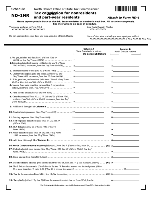 Form Nd-1-2001 - Tax Calculation For Nonresidents And Part-Year Residents Printable pdf