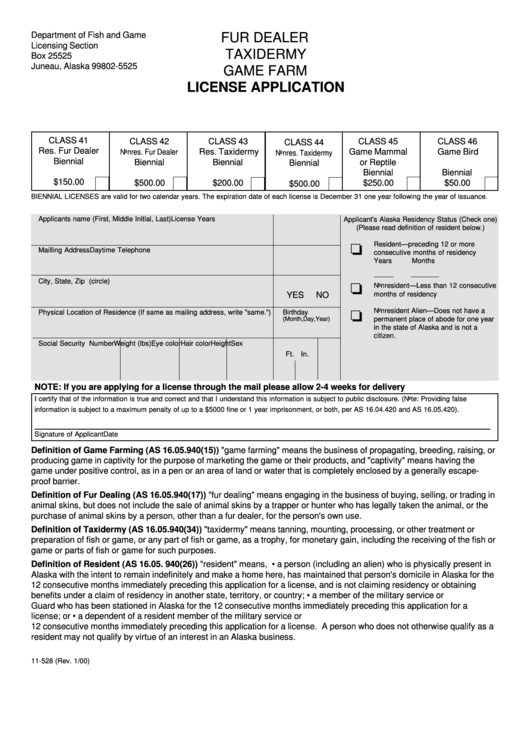 Form 11-528 - License Application - Fur Dealer Taxidermy Game Farm Printable pdf