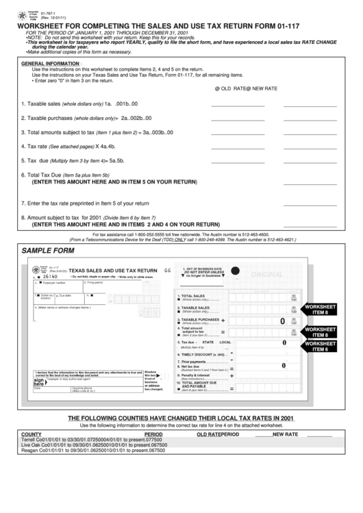 Fillable Form 01-797(1-2) - Worksheet For Completing The Sales And Use Tax Return Form 01-117 Printable pdf