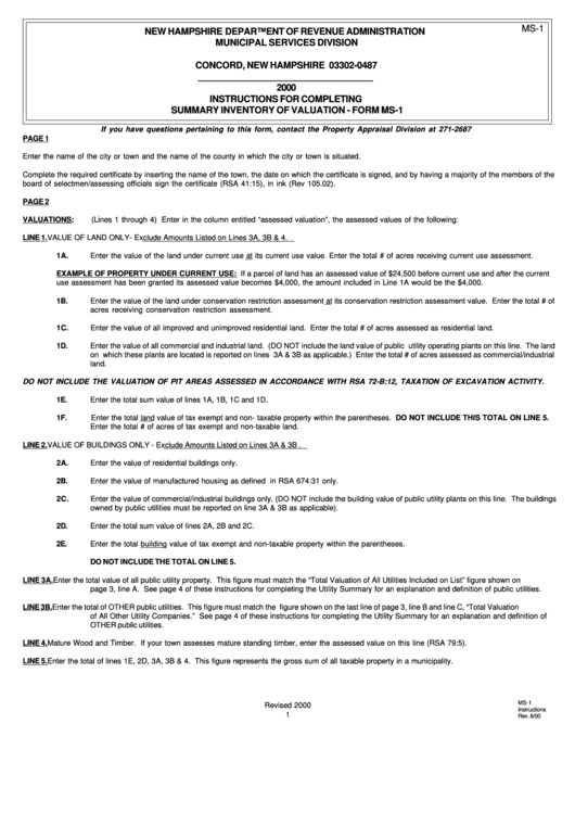 Form Ms-1 Instructions For Completing Summary Inventory Of Valuation Printable pdf