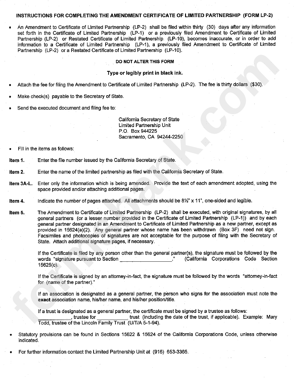 Form Lp-2 Instructions - Amendment Certificate Of Limited Partnership