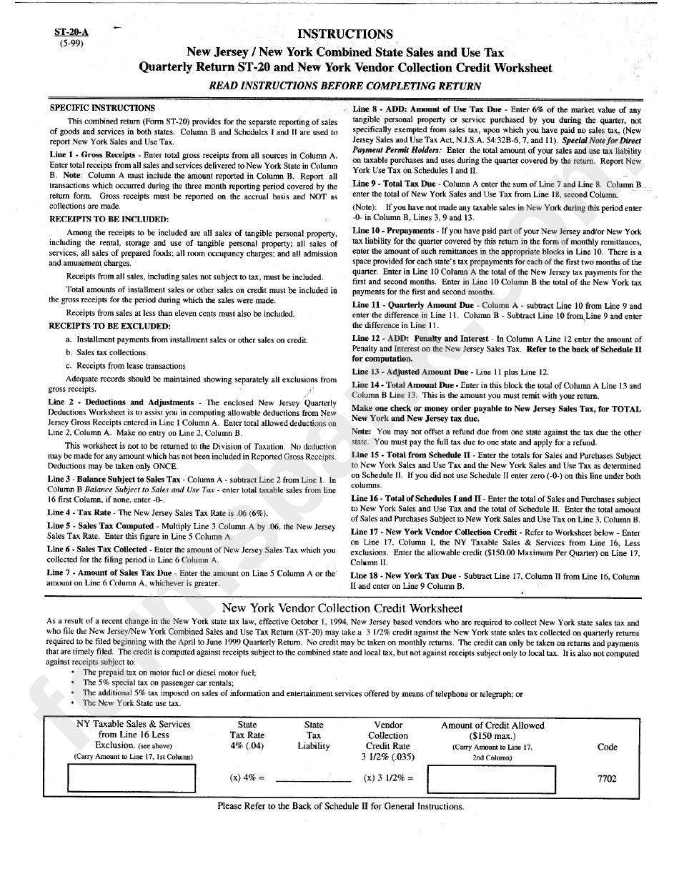 Form St-20-A - Instructions New Jersey/new York Combined State Sales And Use Tax