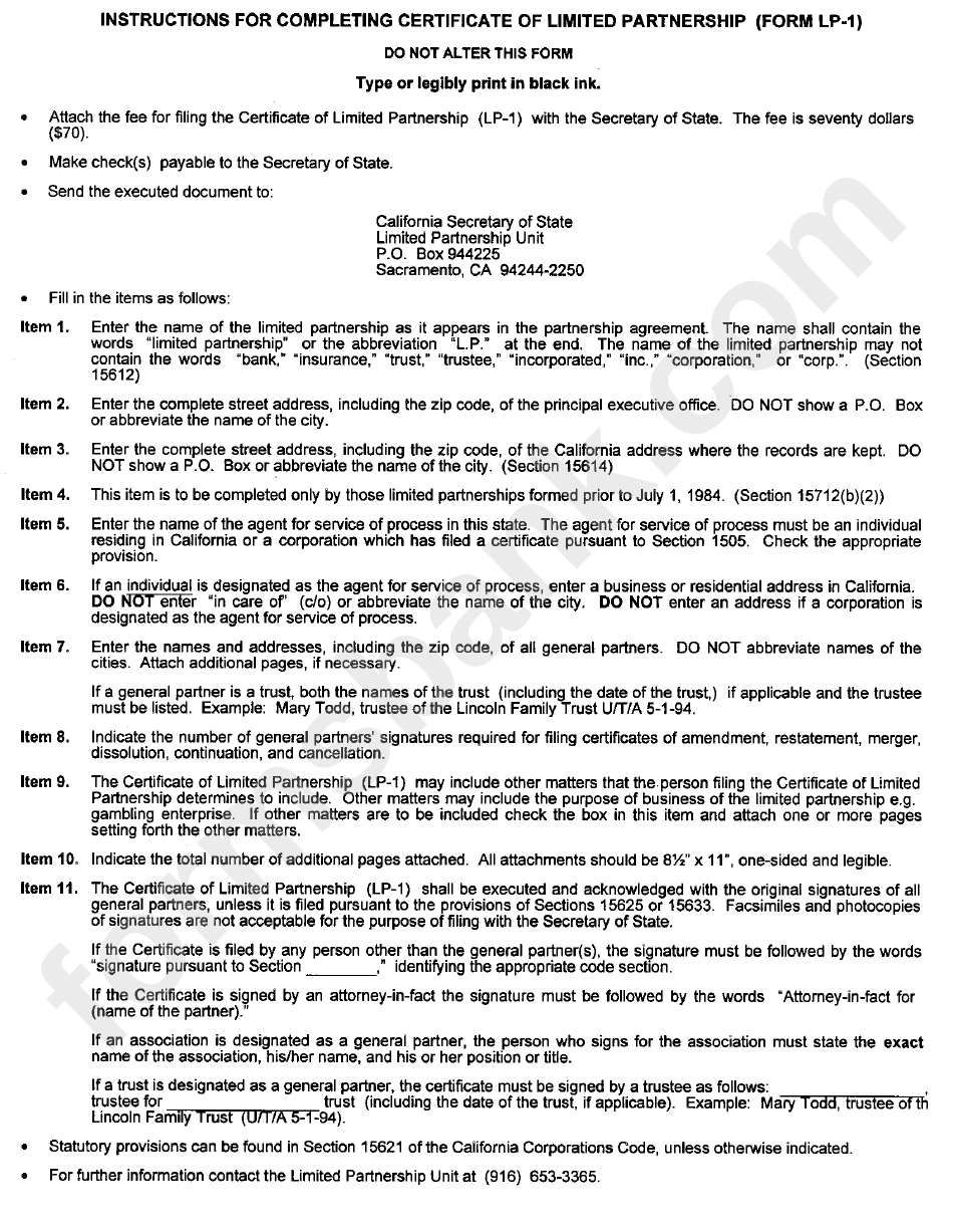 Form Lp-1 Instructions For Completeng Certificate Of Limited Partnership