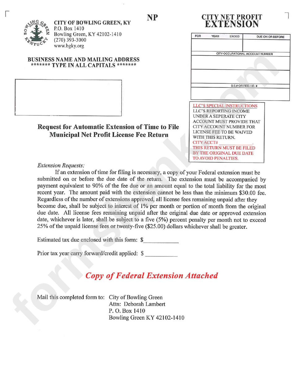Request For Automatic Extension Of Time To File Municipal Net Profit License Fee Return Form - City Net Profit Extension