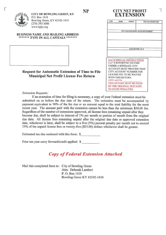 Fillable Request For Automatic Extension Of Time To File Municipal Net Profit License Fee Return Form - City Net Profit Extension Printable pdf