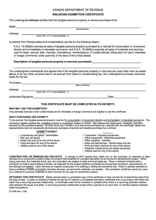 Fillable Form St-28r - Railroad Exemption Certificate - Kansas Departament Of Revenue Printable pdf