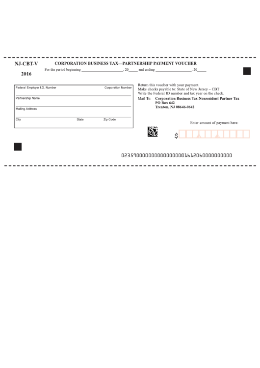 Fillable Form Nj-Cbt-V - Cooperation Business Tax - Partnership Payment Voucher Printable pdf