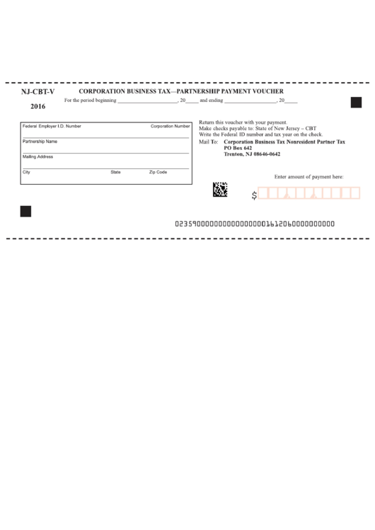 Fillable Form Nj Cbt V Cooperation Business Tax Partnership Payment 