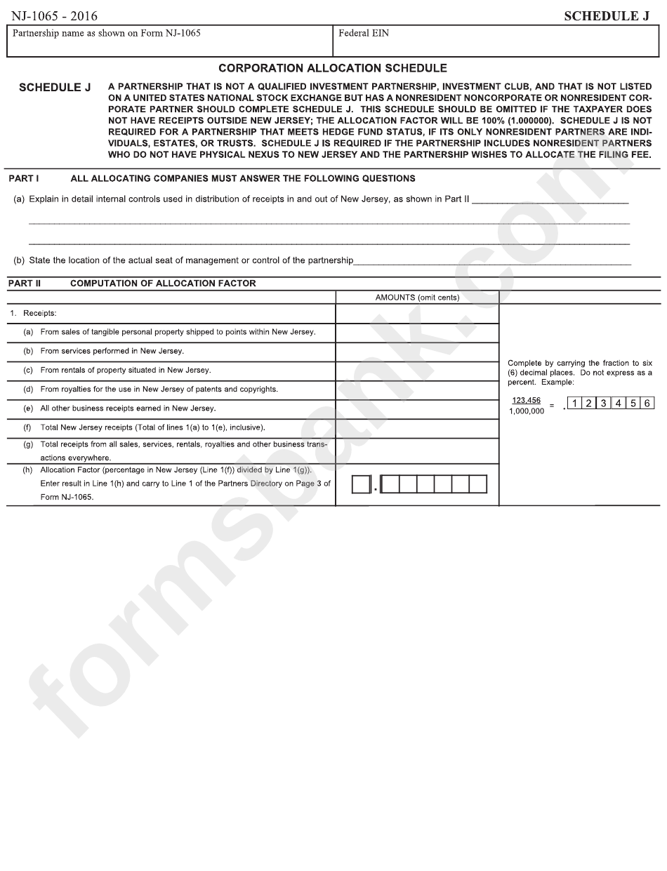 Form Nj-1065 - Corporation Allocation Schedule - 2016