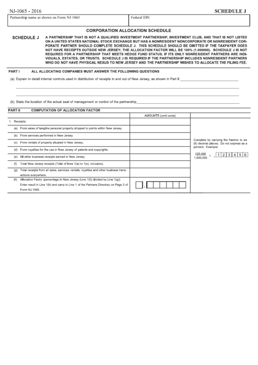Fillable Form Nj-1065 - Corporation Allocation Schedule - 2016 Printable pdf
