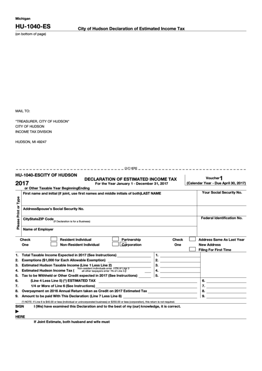 Form Hu-1040-Es - Declaration Of Estimated Income Tax Printable pdf