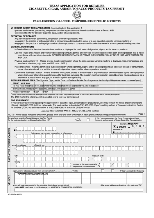 Form Ap-193 - Texas Application For Retailer - Cigarette, Cigar, And/or Tobacco Products Tax Permit Printable pdf
