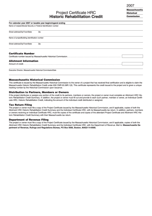 Historic Rehabilitation Credit Project Certificate Form Printable pdf