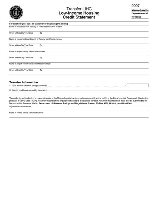 Transfer Lihc Form - Low-Income Housing Credit Statement Printable pdf