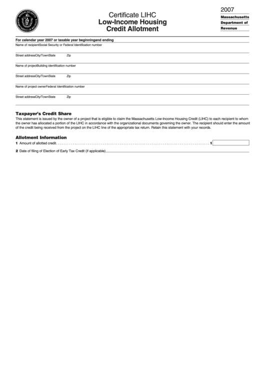 Certificate Lihc Form - Low-Income Housing Credit Allotment Printable pdf