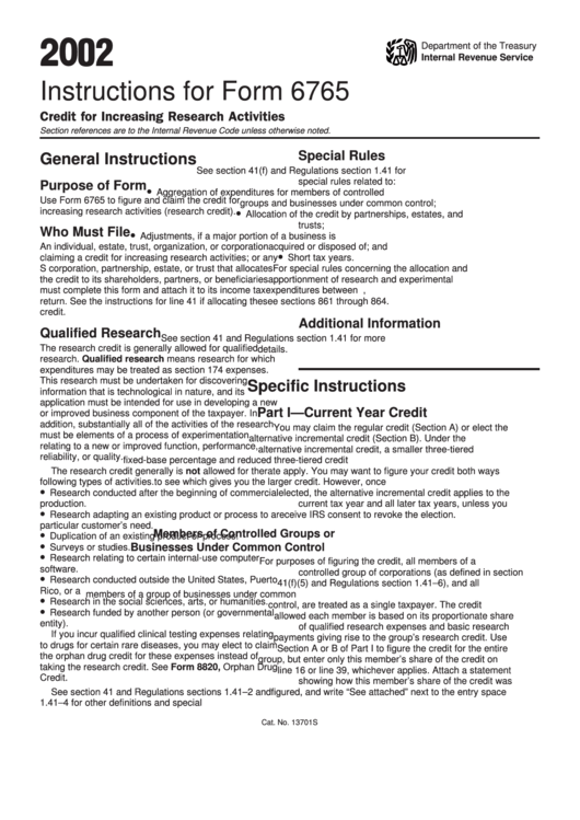 Instructions For Form 6765 - Credit For Increasing Research Activities - 2002 Printable pdf