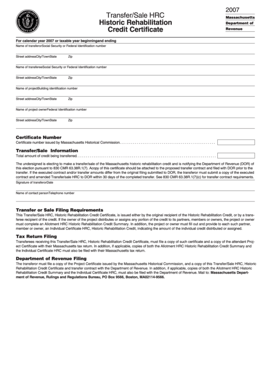 Transfer/sale Hrc Form - Historic Rehabilitation Credit Certificate Printable pdf
