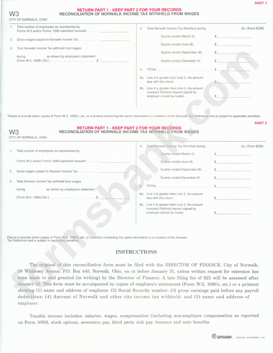 Form Eqr Reconciliation Of Norwalk Tax Withheld From Wages