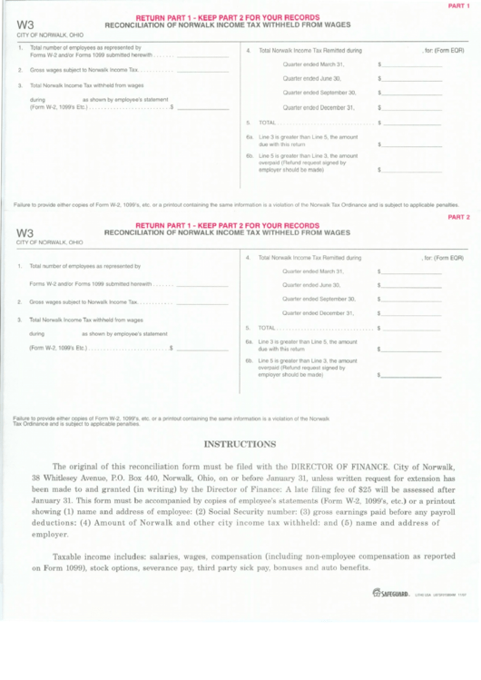 Form Eqr Reconciliation Of Norwalk Tax Withheld From Wages