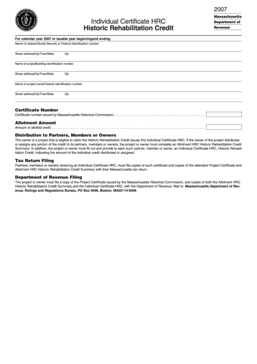 Individual Certificate Hrc Form - Historic Rehabilitation Credit Printable pdf