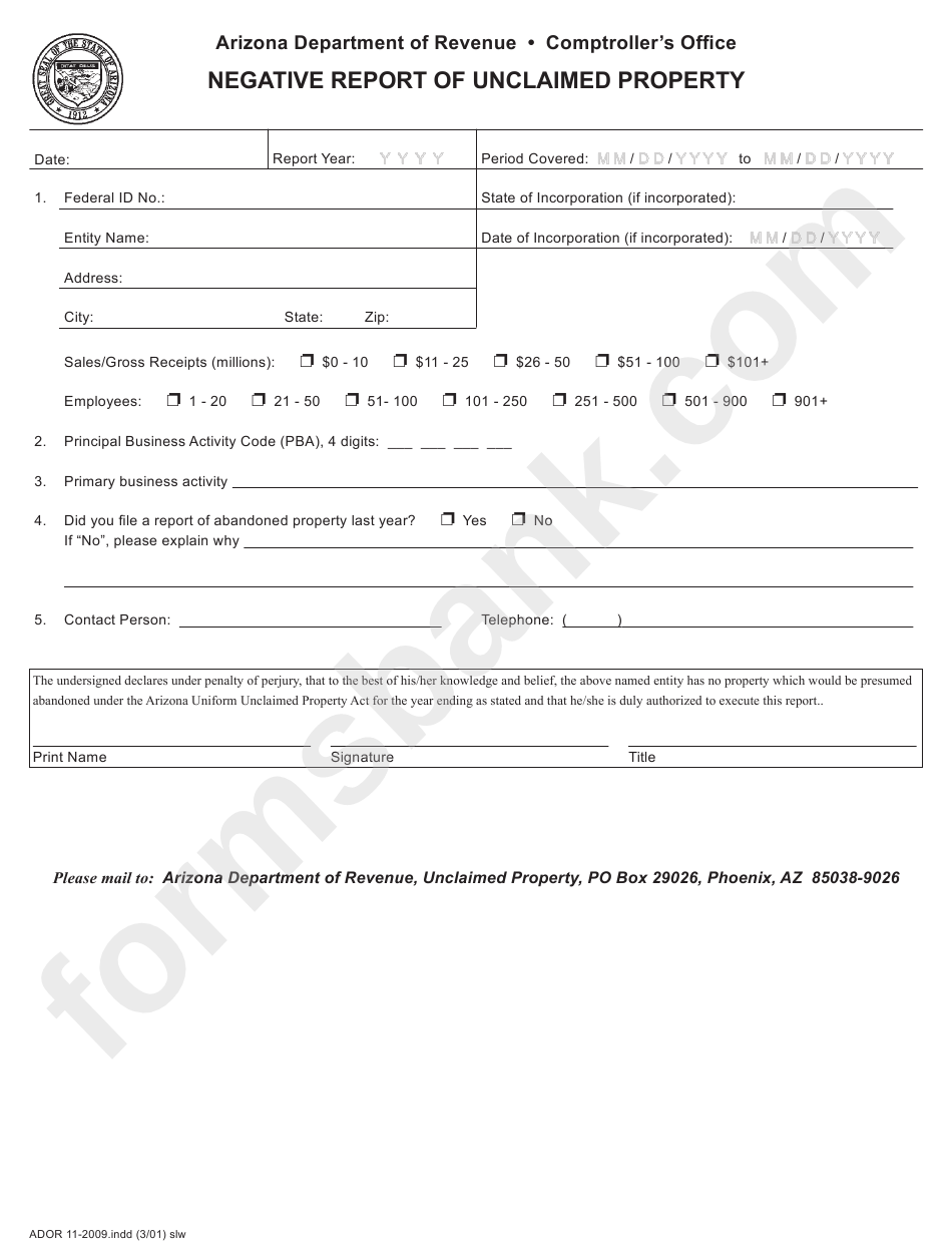 Form 20-2009 - Negative Report Of Unclaimed Property