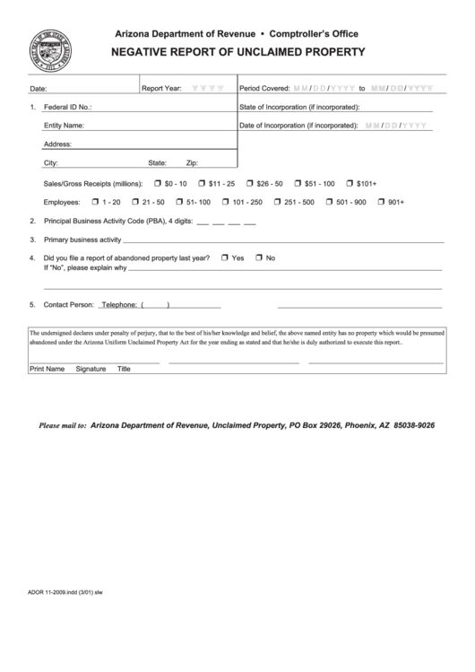 Form 20-2009 - Negative Report Of Unclaimed Property Printable pdf