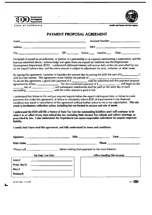 Form De 927 - Payment Proposal Agreement Printable pdf