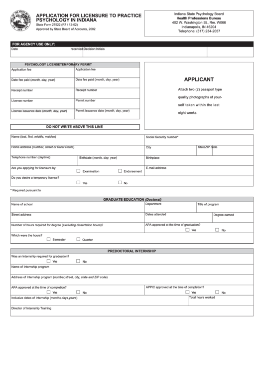 State Form 27522 - Application For License To Practice Psychology In Indiana Printable pdf
