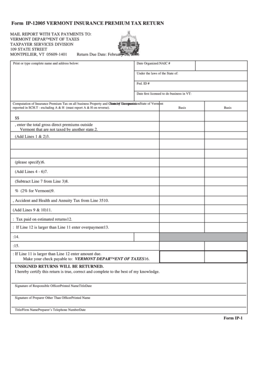 Form Ip-1 - Insurance Premium Tax Return - 2005 Printable pdf