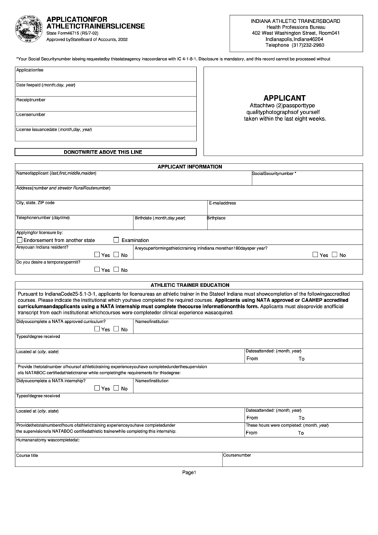 State Form 46715 - Application For Athletic Trainers License Printable pdf