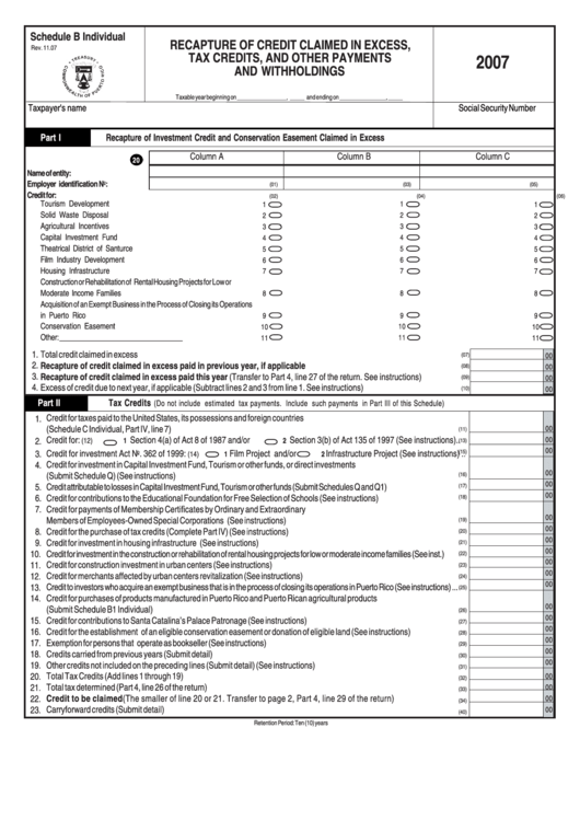 Schedule B Individual - Recapture Of Credit Claimed In Excess, Tax Credits, And Other Payments And Withholdings - 2007 Printable pdf
