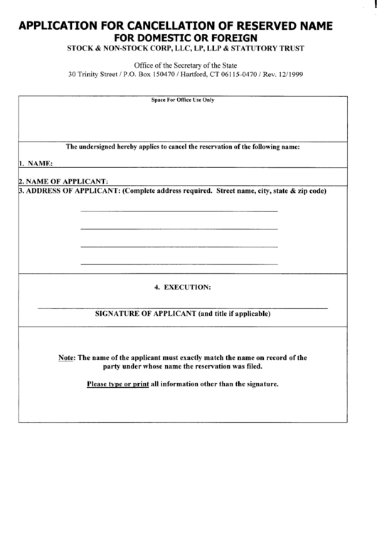 Application For Cancellation Of Reserved Name For Domestic Or Foreign Form Printable pdf