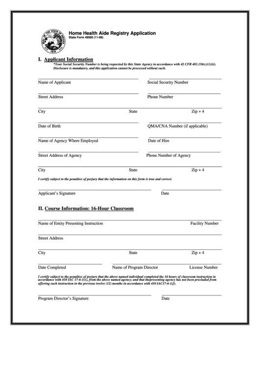 Fillable Form 49560 - Home Health Aide Registry Application Printable pdf