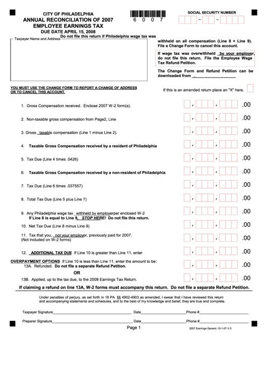 Annual Reconciliation Of 2007 Employee Earnings Tax Form - City Of Philadelphia Printable pdf