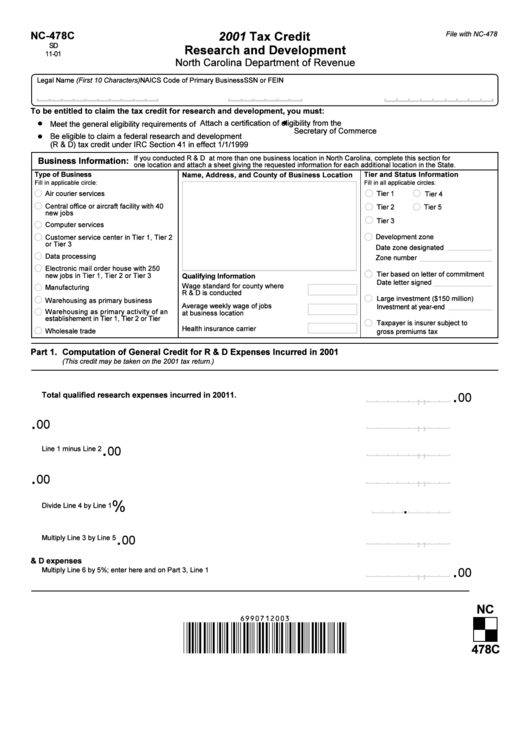 Form Nc-478c - 2001 Tax Credit Research And Development Printable pdf