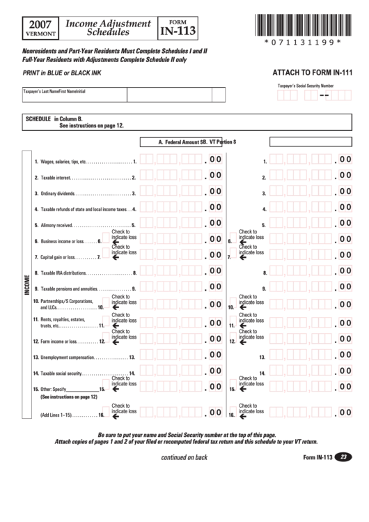 Form In-113 - Income Adjustment Schedules - 2007 Printable pdf