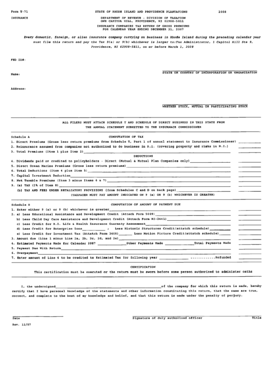 Form T-71 - Insurance Companies Tax Return Of Gross Premiums - 2007 Printable pdf