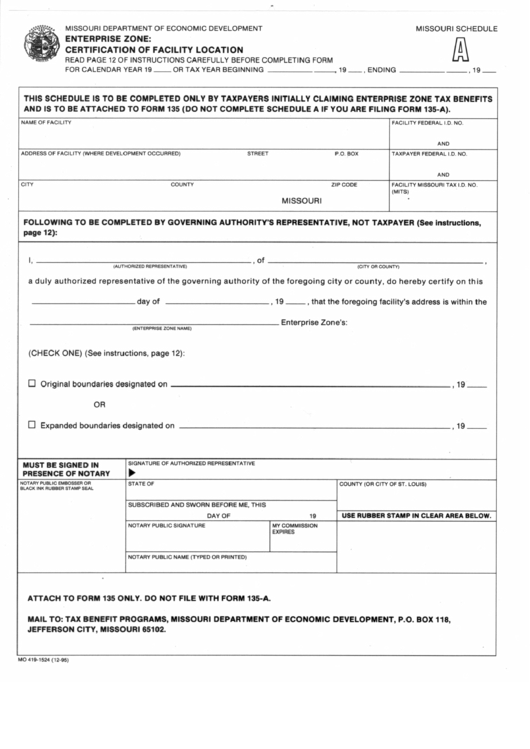 Form Mo-419-1524 - Certification Of Facility Location - Department Of Economic Development Printable pdf