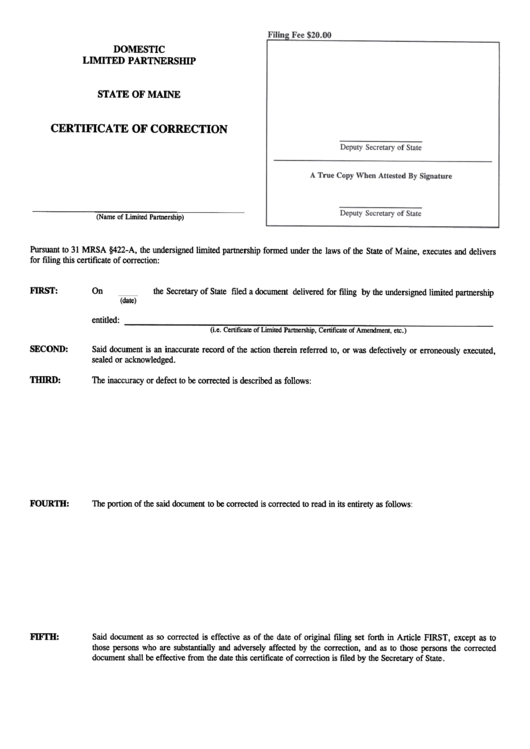 Form Mlpa-17 - Domestic Limited Partnership Certlficate Of Correction Printable pdf