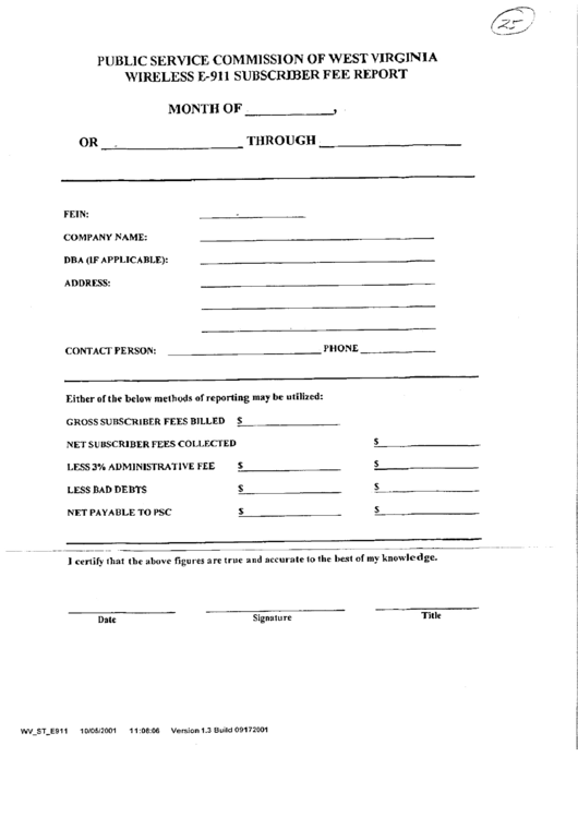 Wireless E-911 Subscriber Fee Report Form Printable pdf