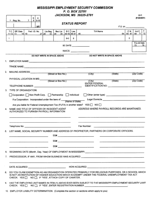 Form Ui-1 - Status Report - Mississippi Employment Security Comission Printable pdf